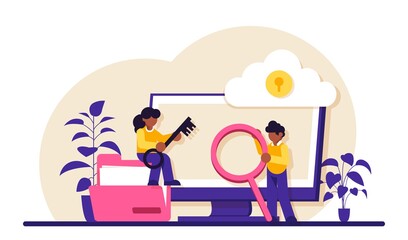 Confidentiality concept. Cyber or web security specialist. Digital data protection and safety. Modern technology and virtual crime. Protection information in internet. Modern flat illustration.