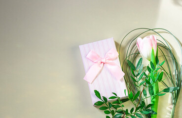 Gift box and pink tulip on a beige background. The concept of festive events and gift wrapping. Festive background.