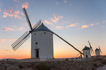 Traditional Spanish windmills near the village of Consuegra, Toiedo, Spain.