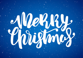 Hand drawn modern brush lettering of Merry Christmas on blue snowflake background.