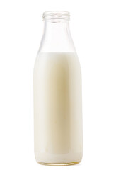 Open glass bottle of milk isolated on white
