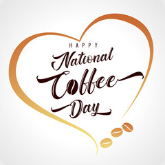 Vector illustration of Happy International or National Coffee Day with hand lettering. Golden coffee beans with aroma heart for greeting card, poster and banner, mobile background
