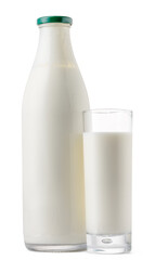 Glass bottle and cup of fresh milk isolated