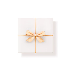White gift box with silk golden bow isolated on white. Realistic 3d vector illustration.