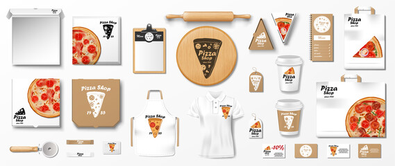 Mockup set for pizzeria, cafe or restaurant. Realistic branding set of poster, pizza slice box, uniform, cardboard package. Pizza mockup elements. vector illustration