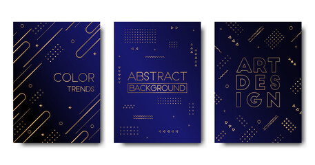Vector abstract cards collection with geometric golden  elements on dark blue background