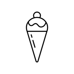 Ice cream cone. Linear icon of classic summer sweets. Black simple illustration of dessert. Waffle cone, scoop of ice cream with icing and cherry. Contour isolated vector pictogram, white background