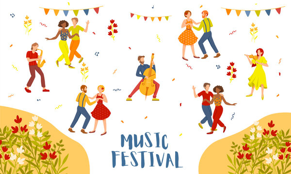 Music Festival advertising poster design with dancing couples and musicians above flowers and text, colored vector illustration