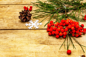 Fototapeta na wymiar Fresh pine branches, ripe rowan berries, snowflakes and pine cones for Christmas or New Year concept