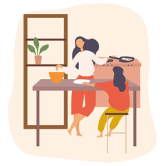Young mother cooking a meal with her daughter in the kitchen in a concept of family life, colored vector illustration