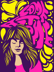 Come At Alone psychedelic retro banner or poster design with attractive woman on an abstract background and text, colored vector illustration