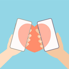 Online dating concept with hands of woman and man holding smartphones closely connected with red heart in flat cartoon style