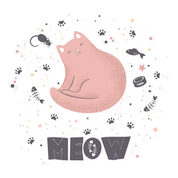 Vector illustration with cute textured cartoon cat and hand drawn lettering Meow isolated on white background. Design for t-shirt print, fabric, card, wallpaper