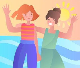 Social Media Posting showing happy girl friends waving and smiling at the seaside on their summer vacation, colored vector illustration