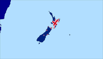 Center the map of New Zealand. Vector maps showing New Zealand and neighboring countries. Flags are indicated on the country maps, the most recent detailed drawing.