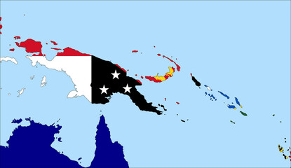 Obraz premium Center the map of Papua New Guinea. Vector maps showing Papua New Guinea and neighboring countries. Flags are indicated on the country maps, the most recent detailed drawing.