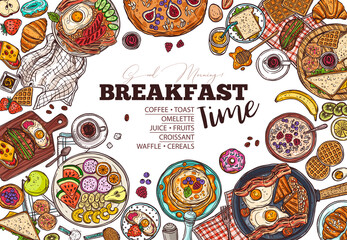 Breakfast menu vector hand drawn template. Restaurant dishes and drinks offer. Fresh fruits and baked cookies doodles. Coffee, toast, omelette and waffles morning meals illustration