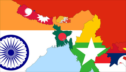 Center the map of Bangladesh. Vector maps showing Bangladesh and neighboring countries. Flags are indicated on the country maps, the most recent detailed drawing.