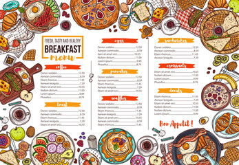 Cafe breakfast menu vector hand drawn template. Restaurant food and drinks offer, price list layout. Fresh fruits and baked cookies doodles. Sandwiches and porridge morning dishes illustration