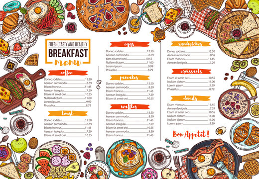 Cafe breakfast menu vector hand drawn template. Restaurant food and drinks offer, price list layout. Fresh fruits and baked cookies doodles. Sandwiches and porridge morning dishes illustration