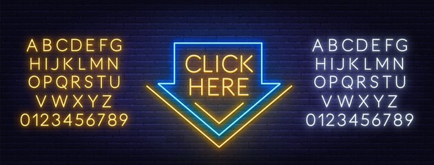 Click here neon sign with arrow on brick wall background. White and yellow neon alphabets. © TanyaFox