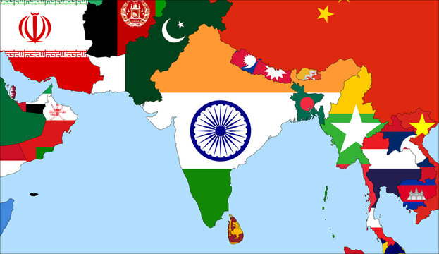 Center the map of India. Vector maps showing India and neighboring countries. Flags are indicated on the country maps, the most recent detailed drawing.