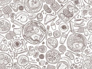 Cotton fabric Food and dishes hand drawn vector seamless pattern. Tasty breakfast, morning meal in plates doodles background. Pancakes, sandwiches, croissants sketch. Coffee cups and juice glasses illustration