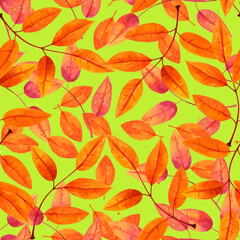 Obraz premium Seamless pattern with watercolor autumn leaves on a vibrant green background, fall repeat print