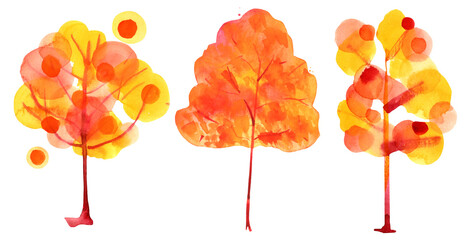 Autumn trees. A collection of quirky trees in the colors of fall, isolated on a white background, abstract illustration