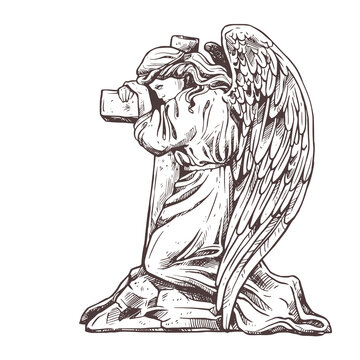 Old murble stone sad angel kneeling near the cross hugging it. Vector drawing isolated illustration for funeral business. Sketch christian symbol of death, cemetery, sorrow, burial, resurrection and a