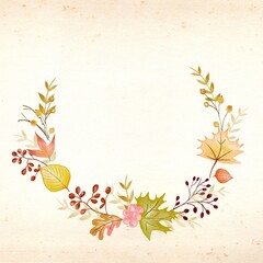 Autumn elements and florals in circular design . Watercolor autumn illustration with space for text.