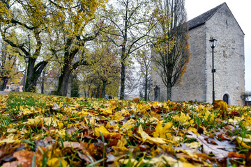 Autumn park with golden leaves in old town Rothenburg ob der Tauber, Bavaria, Germany. November 2014