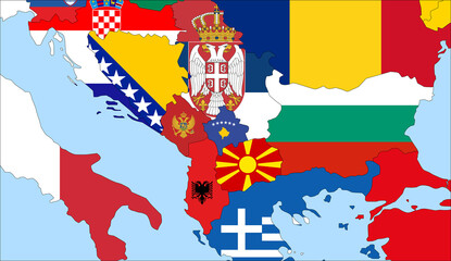 Center the map of Kosovo. Vector maps showing Kosovo and neighboring countries. Flags are indicated on the country maps, the most recent detailed drawing.