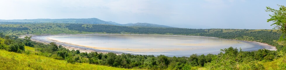 Panoramic view of a crater lake in Queen Elizabeth National Park in Uganda.