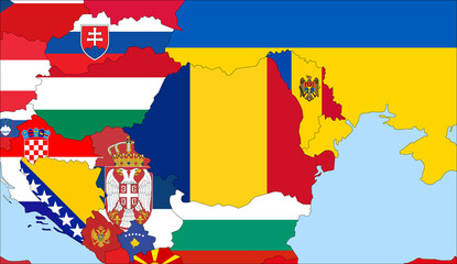 Center the map of Romania. Vector maps showing Romania and neighboring countries. Flags are indicated on the country maps, the most recent detailed drawing.
