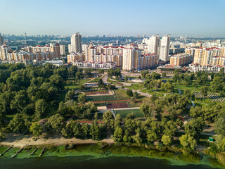 Aerial drone view. Dnieper River in Kiev.