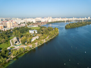 Fototapeta premium Aerial drone view. Dnieper River in Kiev.