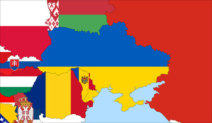 Center the map of Ukraine. Vector maps showing Ukraine and neighboring countries. Flags are indicated on the country maps, the most recent detailed drawing.