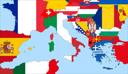 Center the map of Italy. Vector maps showing Italy and neighboring countries. Flags are indicated on the country maps, the most recent detailed drawing.
