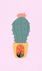Illustration ofcactus plant in pot on a light pink background 