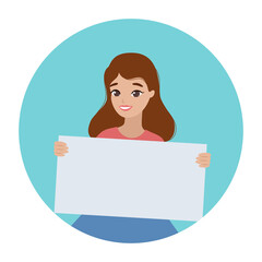 Young smiling woman holding blank banner, vector illustration