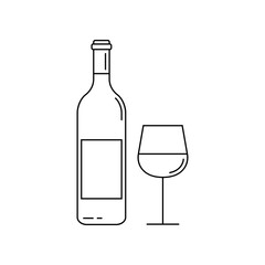 Wine bottle with wine glass line icon. Outline silhouette. Vector illustration.