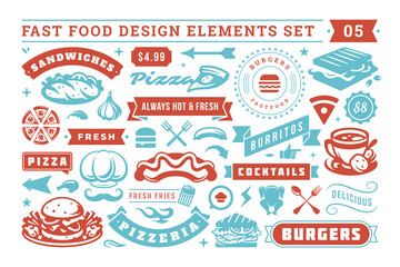 Fast-Food- und Straßenschilder und Symbole mit typografischen Retro-Designelementen, Vektorset für die Dekoration von Restaurantmenüs © provectors