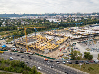 Aerial drone view. Construction of a large shopping center