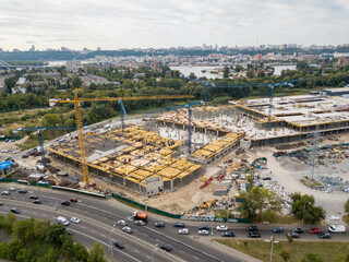 Aerial drone view. Construction of a large shopping center