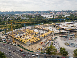 Aerial drone view. Construction of a large shopping center