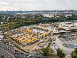 Aerial drone view. Construction of a large shopping center