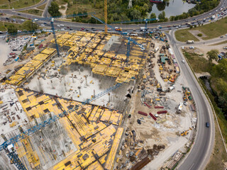 Aerial drone view. Construction of a large shopping center