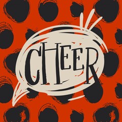 Hand drawn vector abstract Christmas greeting card template with modern ink calligraphy phase Cheer in speech bubble isolated on rough polka dots textured background in black and red colors