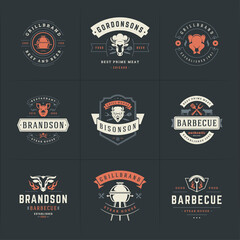 Fototapeta premium Grill and barbecue logos set vector illustration steak house or restaurant menu badges with bbq food silhouettes